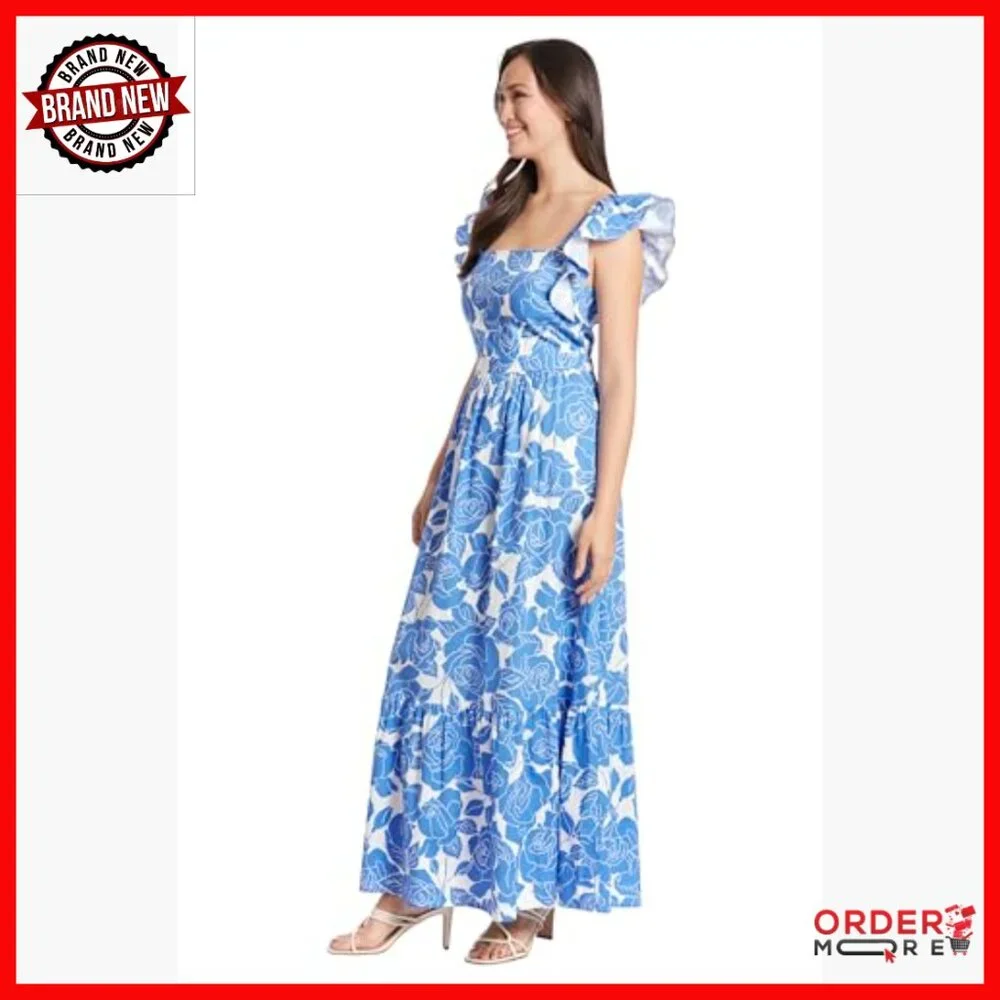 Size 0 Maxi Dress with Square Neck Ruffle Detail Polyester Lined - Picture 2 of 7